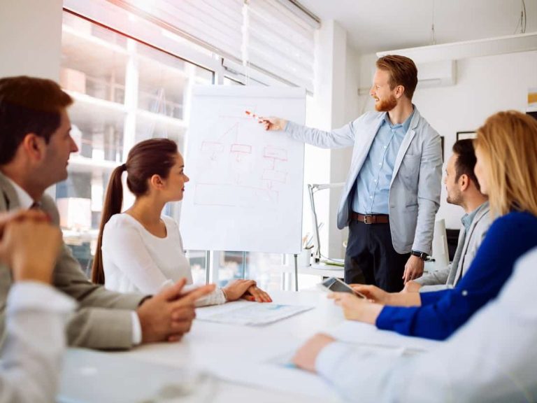 Training Approach Trainer in casual clothes explaining a Lean Six Sigma concept to a small group of learners, all are smiling